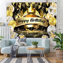Lofaris Crown Black and Gold Balloon Happy Birthday Backdrop
