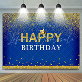 Lofaris Crown Happy Birthday Royal Blue Gold Glitter Backdrop for Men