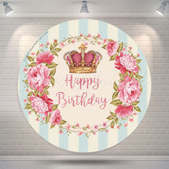 Lofaris Crown Pink Wreath Blue White Stripe Birthday Backdrop