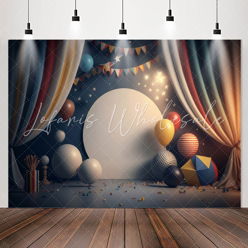 Lofaris Curtain Dark Blue Balloons 1st Birthday Backdrop