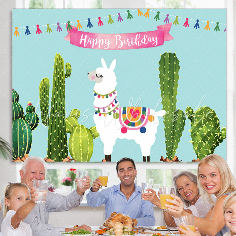Lofaris Cute Alpaca And Cactus Happy Birthday Party Backdrop
