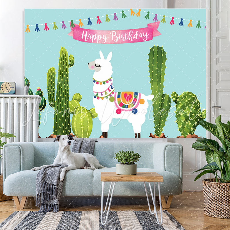 Lofaris Cute Alpaca And Cactus Happy Birthday Party Backdrop