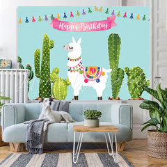 Lofaris Cute Alpaca And Cactus Happy Birthday Party Backdrop