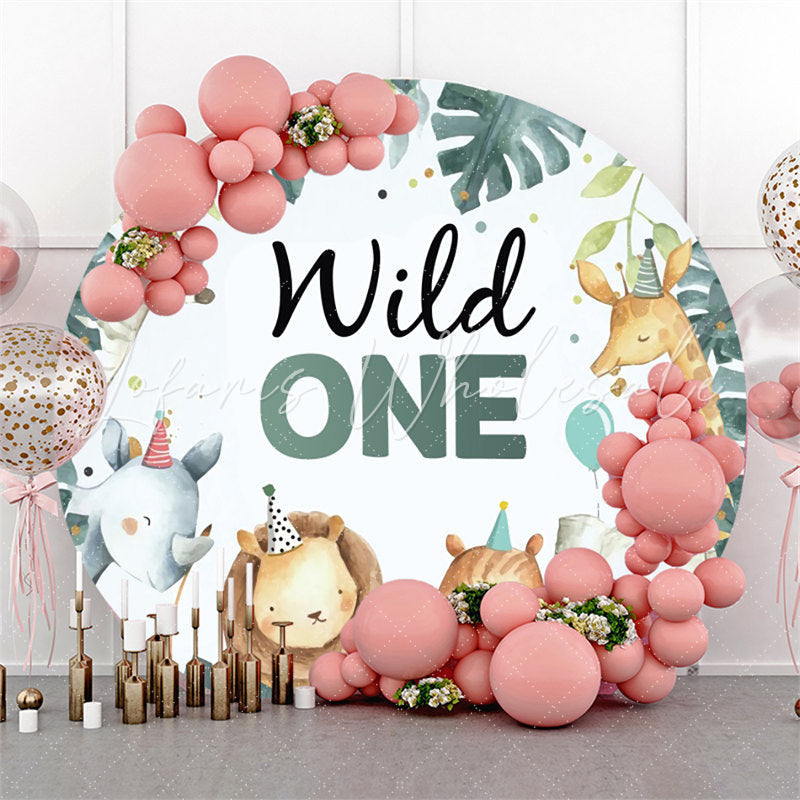 Lofaris Cute Animals And Leaves Round Blue 1st Birthday Backdrop