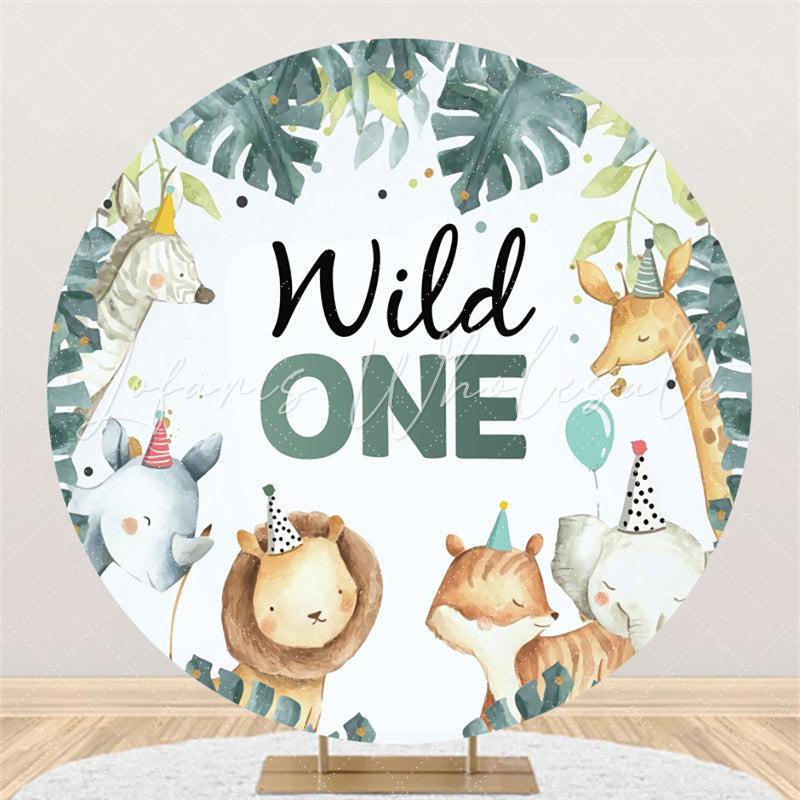 Lofaris Cute Animals And Leaves Round Blue 1st Birthday Backdrop