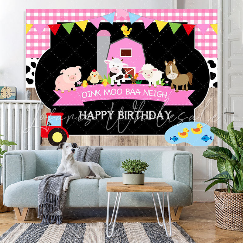 Lofaris Cute Animals And Pink House Happy Birthday Backdrop