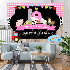 Lofaris Cute Animals And Pink House Happy Birthday Backdrop
