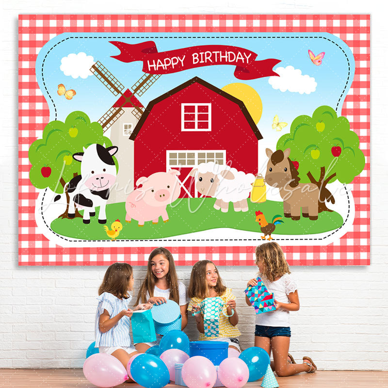 Lofaris Cute Animals And Red House Happy Birthday Backdrop