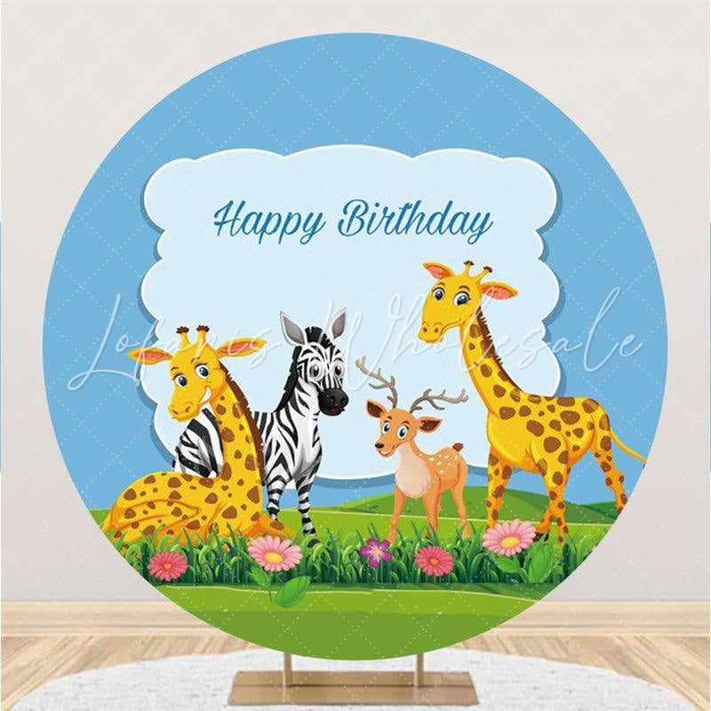 Lofaris Cute Animals With Glassland Round Birthday Backdrop