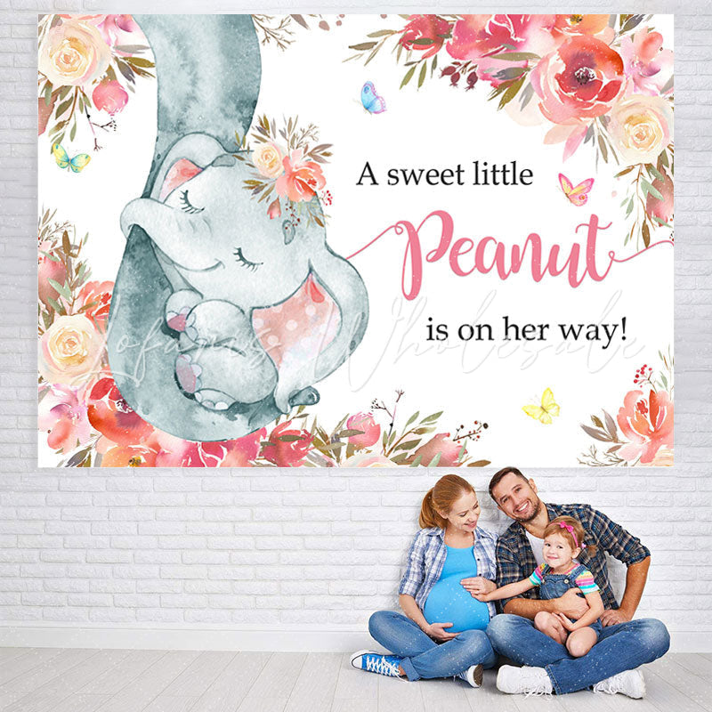 Lofaris Cute Baby Elephent Pink Floral Shower Backdrop