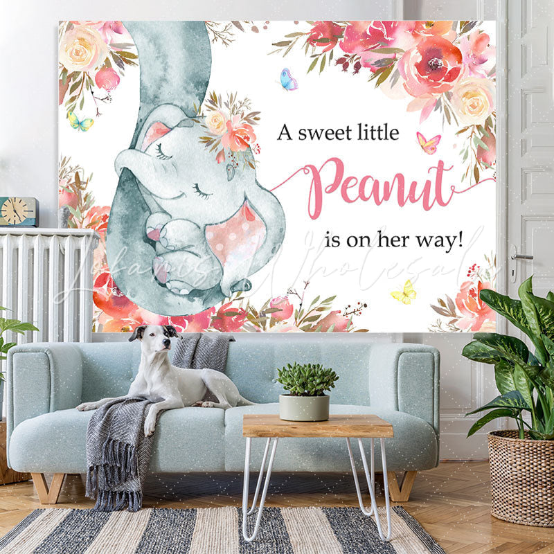 Lofaris Cute Baby Elephent Pink Floral Shower Backdrop