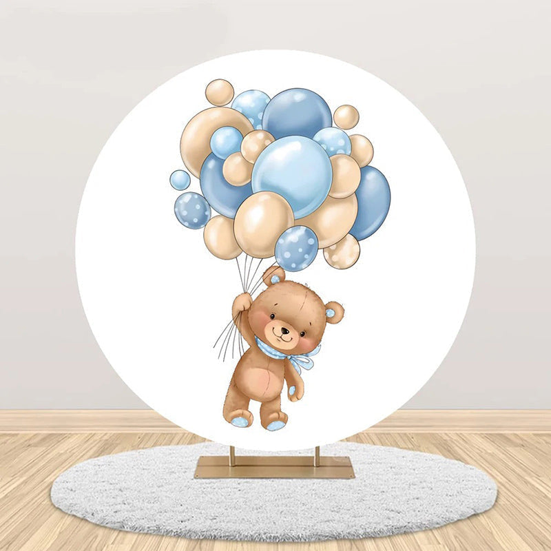 Lofaris Cute Bear Beige Blue Balloon Round Birthday Backdrop