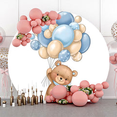 Lofaris Cute Bear Beige Blue Balloon Round Birthday Backdrop