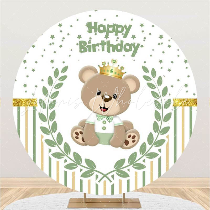 Lofaris Cute Bear Round Green Grass Happy Birthday Backdrop