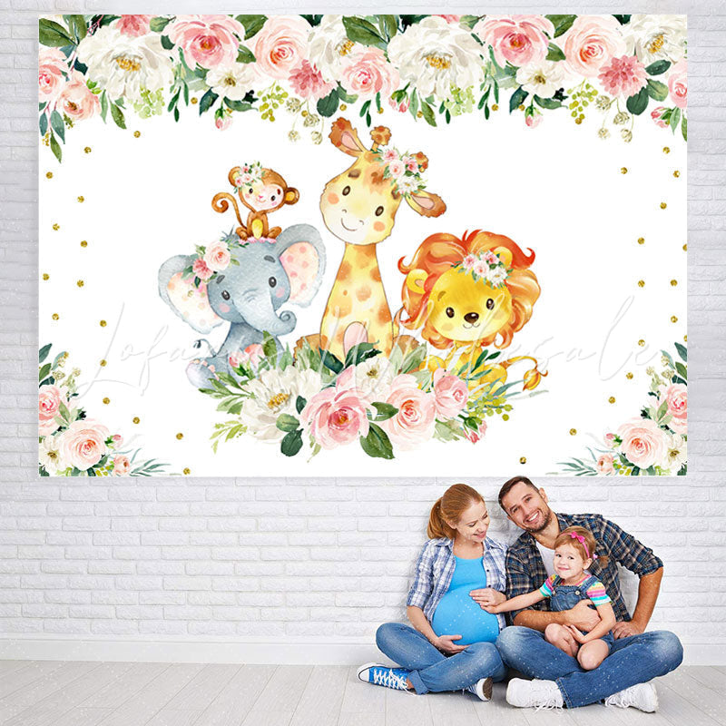 Lofaris Cute Cartoon Animals Pink and White Roses Backdrop