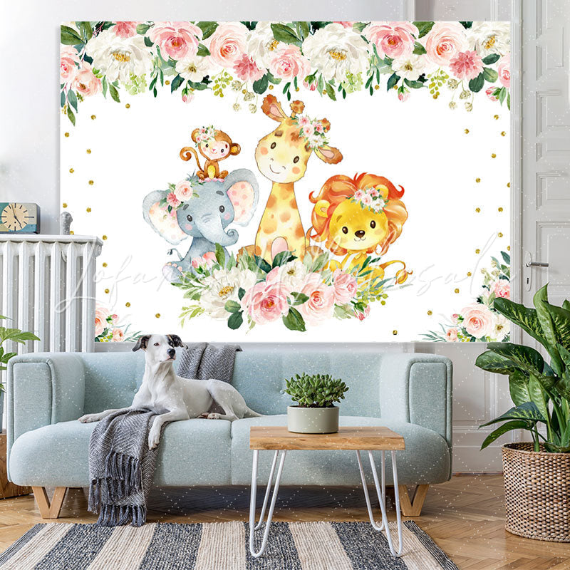 Lofaris Cute Cartoon Animals Pink and White Roses Backdrop