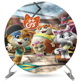 Lofaris Cute Cartoon Cats Round Happy Birthday Party Backdrop