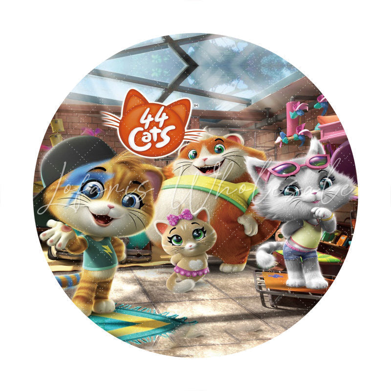 Lofaris Cute Cartoon Cats Round Happy Birthday Party Backdrop