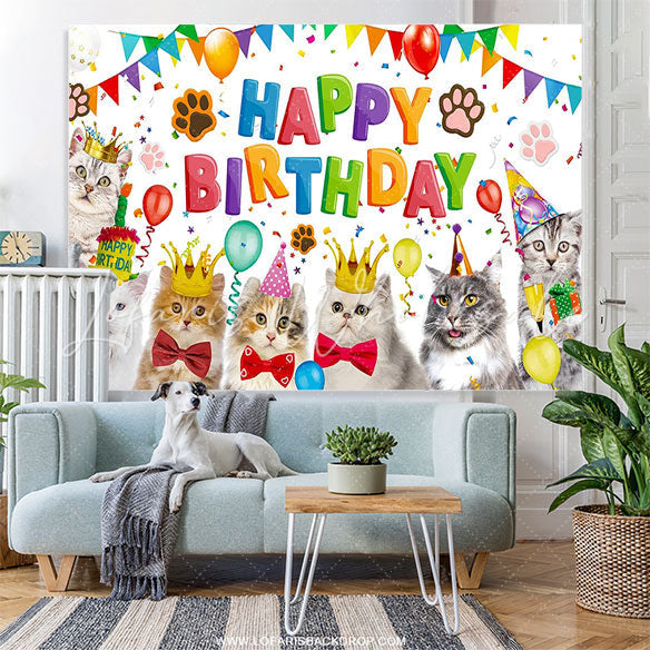 Lofaris Cute Cats Balloons White Happy Birthday Party Backdrop