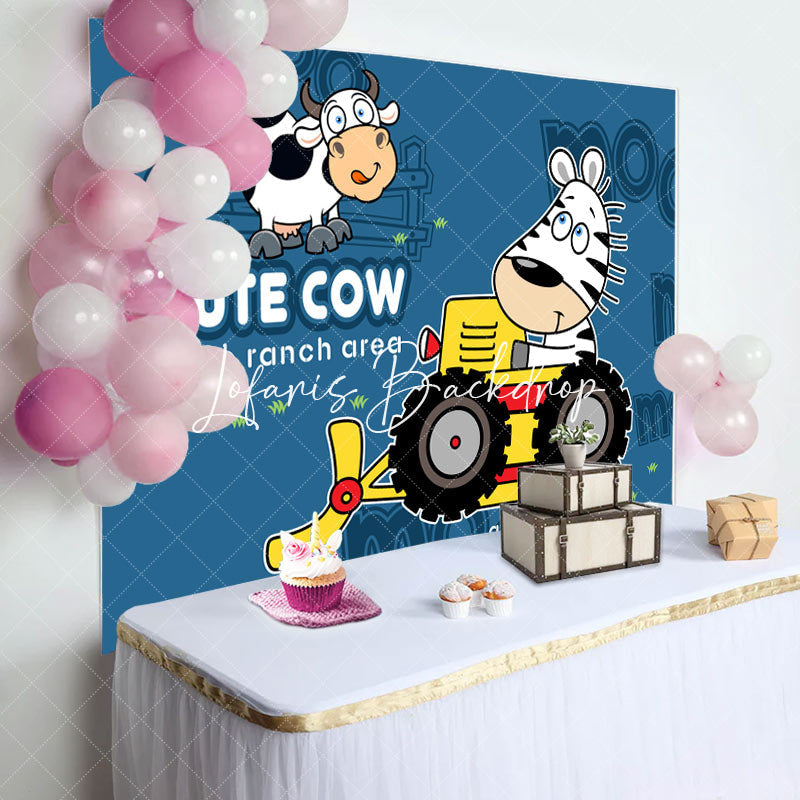 Lofaris Cute Cow Ranch Area Friend Bulldozer Birthday Backdrop