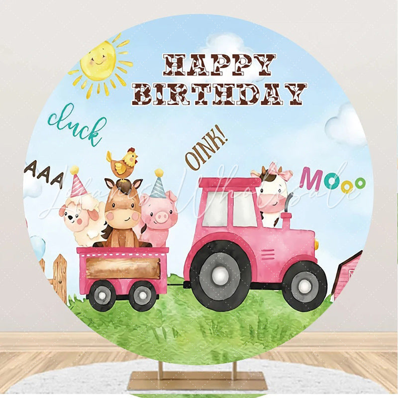 Lofaris Cute Farm Animal Truck Round Birthday Backdrop
