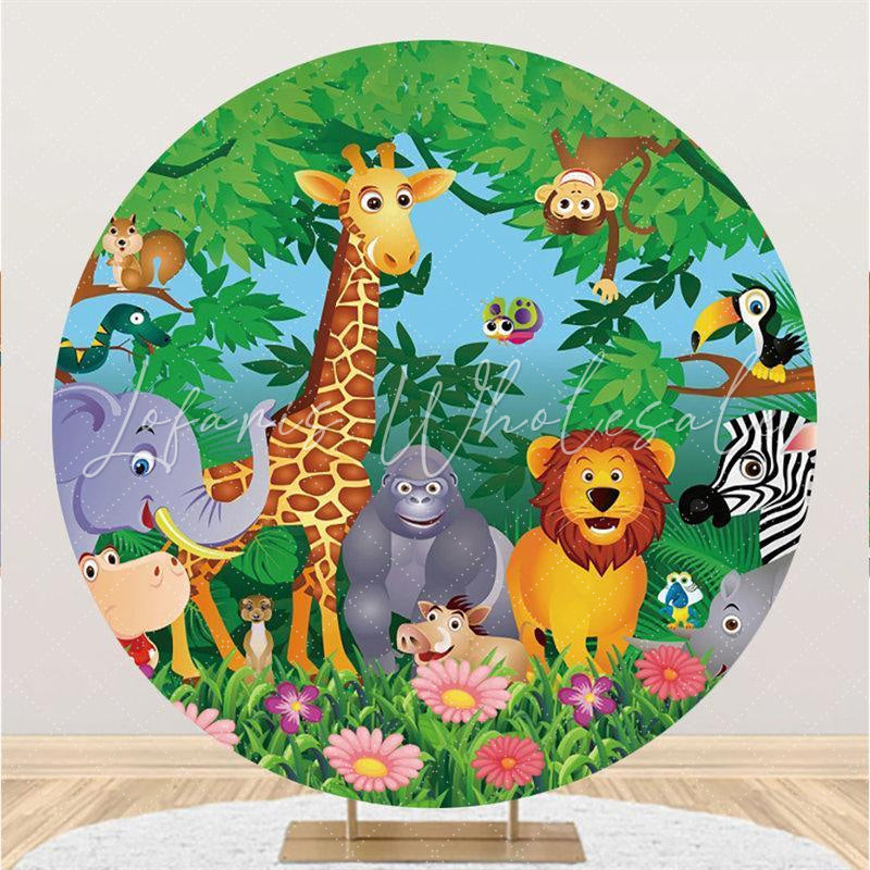 Lofaris Cute Forest Animal And Floral Round Birthday Backdrop