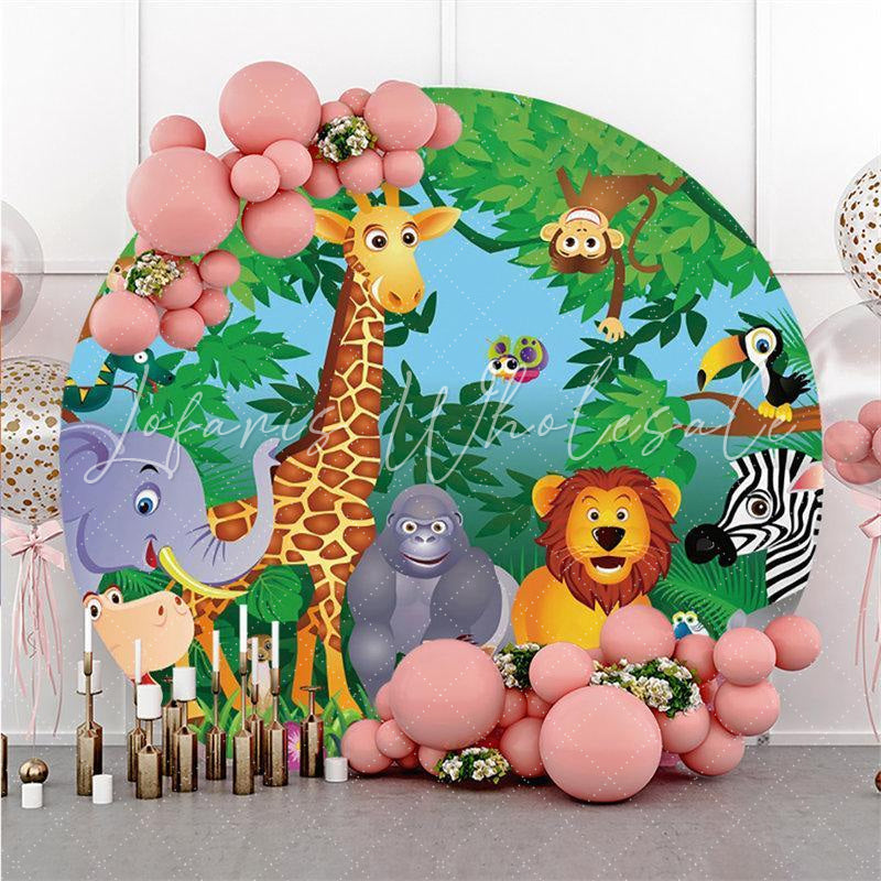 Lofaris Cute Forest Animal And Floral Round Birthday Backdrop