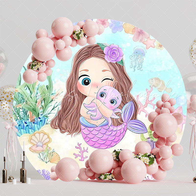 Cute Mermaid Octopus Round Backdrop for Underwater Party