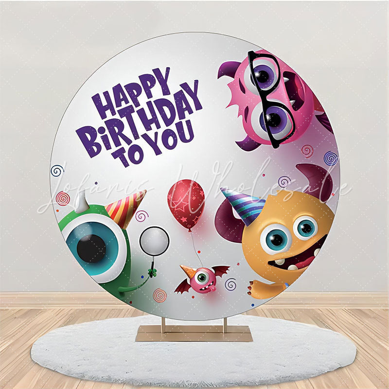 Lofaris Cute Monster Balloon White Round Birthday Backdrop