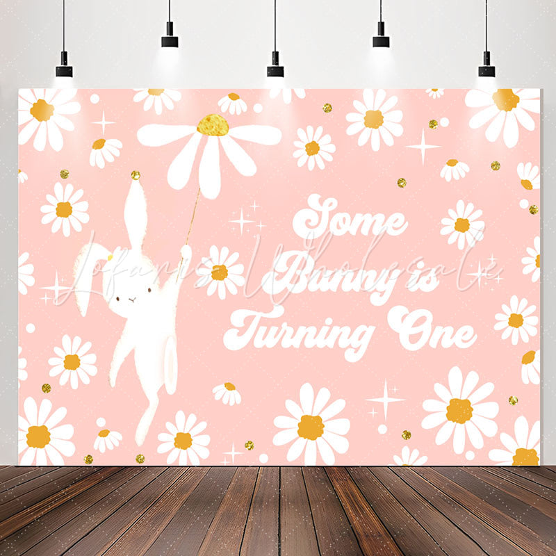 Lofaris Cute Pink Bunny Flowers Happy 1st Birthday Backdrop