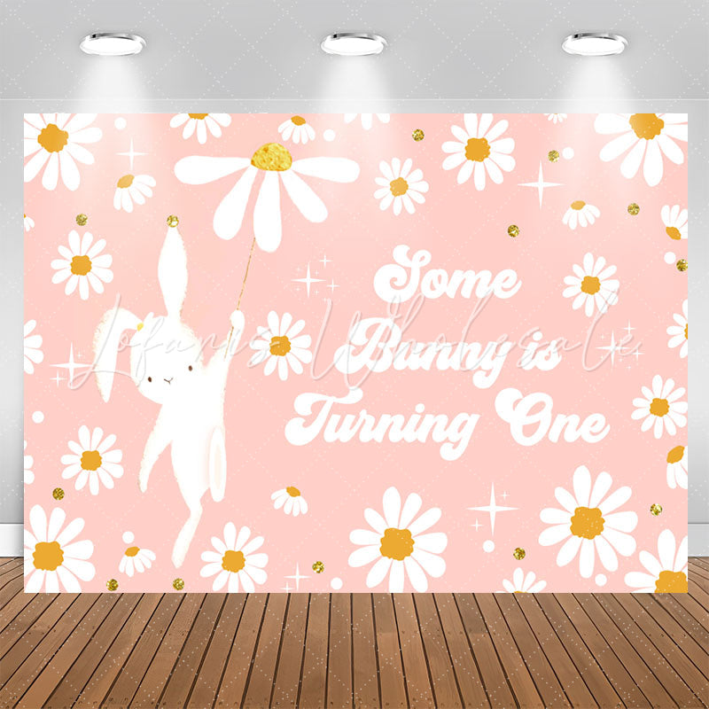 Lofaris Cute Pink Bunny Flowers Happy 1st Birthday Backdrop