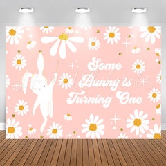 Lofaris Cute Pink Bunny Flowers Happy 1st Birthday Backdrop