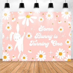 Lofaris Cute Pink Bunny Flowers Happy 1st Birthday Backdrop
