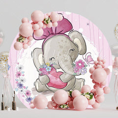 Cute Pink Elephant Bow Round Backdrop for Baby Shower
