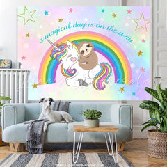 Lofaris Cute Sloth And Unicorn Rainbow Birthday Party Backdrop