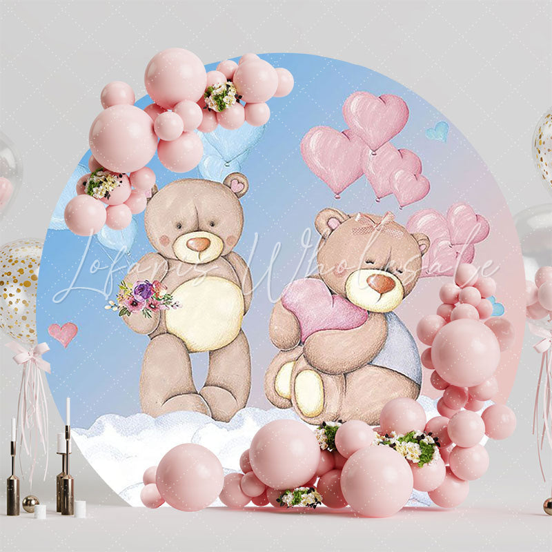 Cute Teddy Bears with Hearts Round Backdrop for Baby Shower