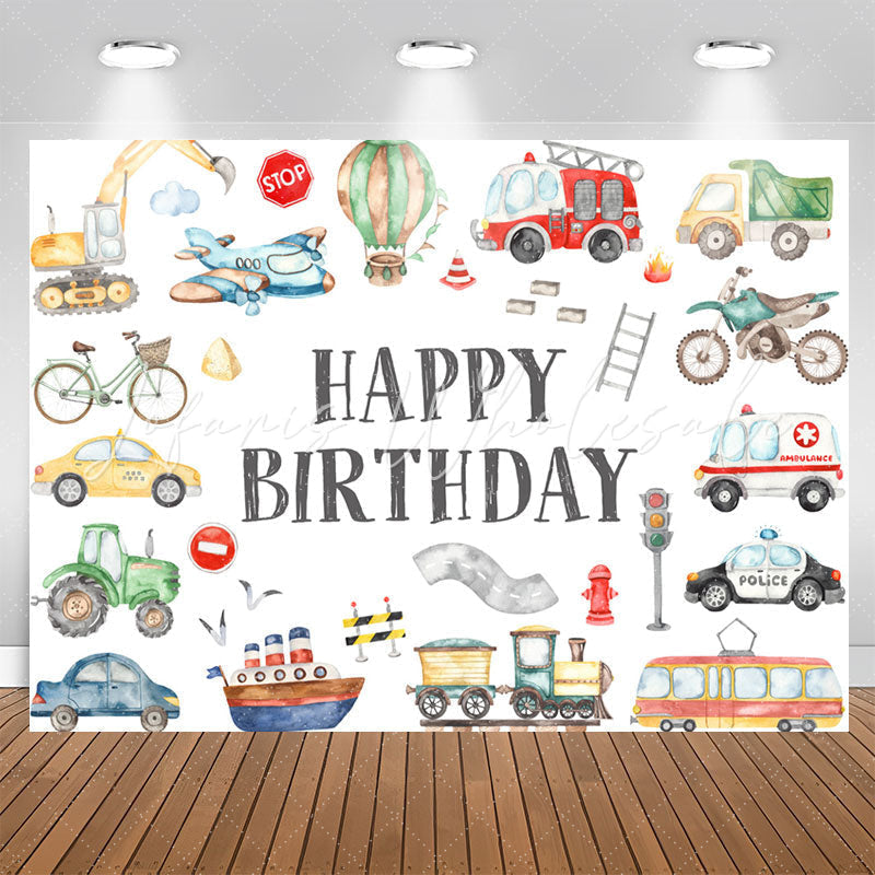 Lofaris Cute Vehicle Patterns White Happy Birthday Backdrop