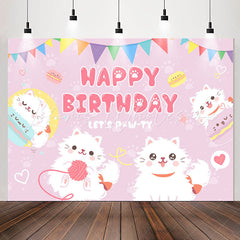 Lofaris Cute White Cats Lets Pawty Purple Birthday Backdrop