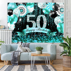 Lofaris Cyan Balloons Bokeh Glitter Happy 50th Birthday Backdrop