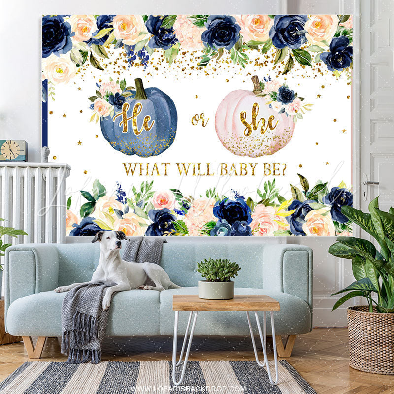 Lofaris Dark Blue And Light Pink Pumpkin Baby Shower Backdrop