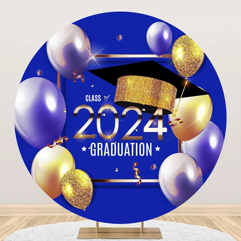 Lofaris Dark Blue Balloons Class 2024 Round Grad Backdrop