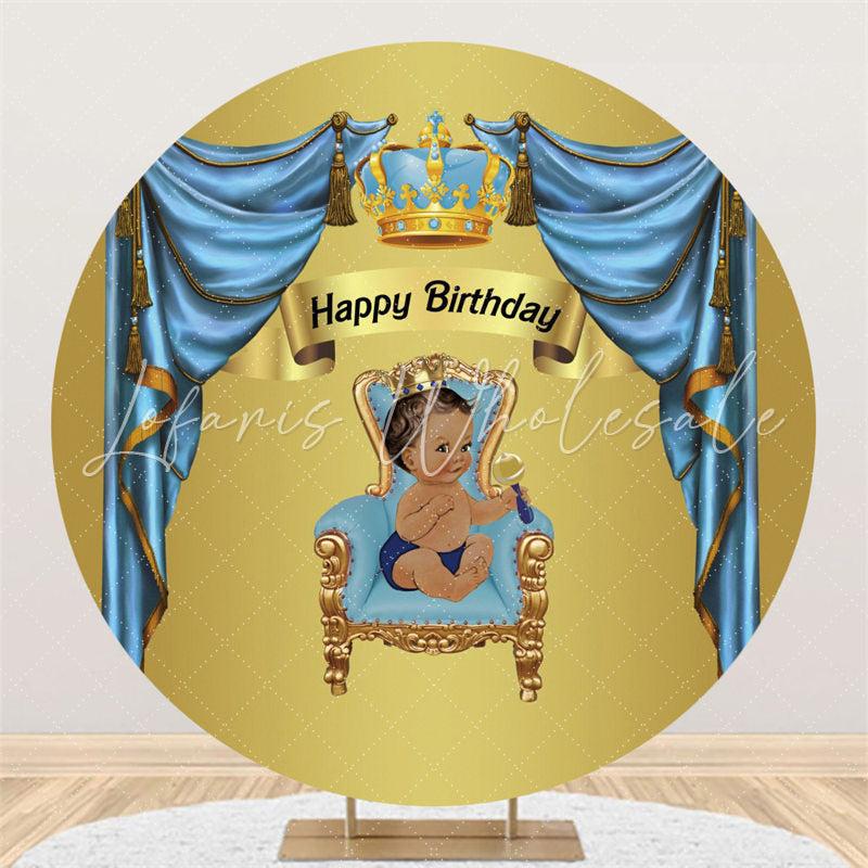 Lofaris Dark Blue Curtain Gold Round Happy Birthday Backdrop