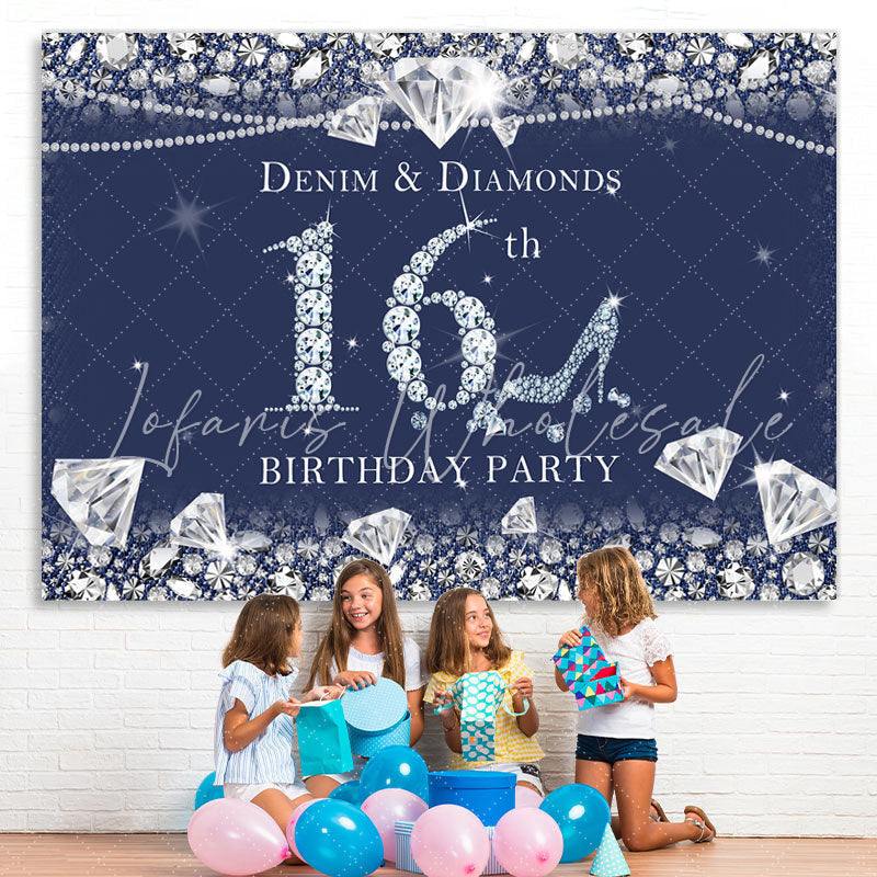 Lofaris Dark Blue Denim and Diamonds 16Th Birthday Backdrop