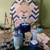 Lofaris Dark Blue Stripes Round Teddy Bear Baby Shower Backdrop