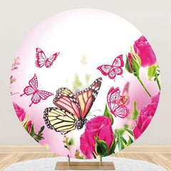 Lofaris Dark Pink Floral Butterfly Round Birthday Backdrop