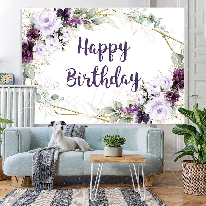 Lofaris Dark Purple Flowers Glitter Happy Birthday Backdrop