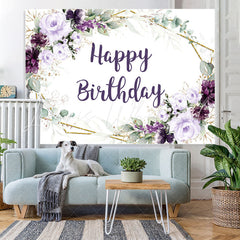 Lofaris Dark Purple Flowers Glitter Happy Birthday Backdrop