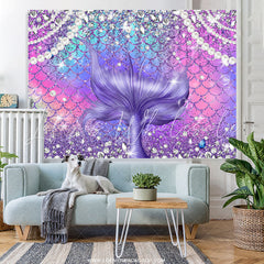 Lofaris Diamond And Pearl Purple Glitter Mermaid Birthday Backdrop