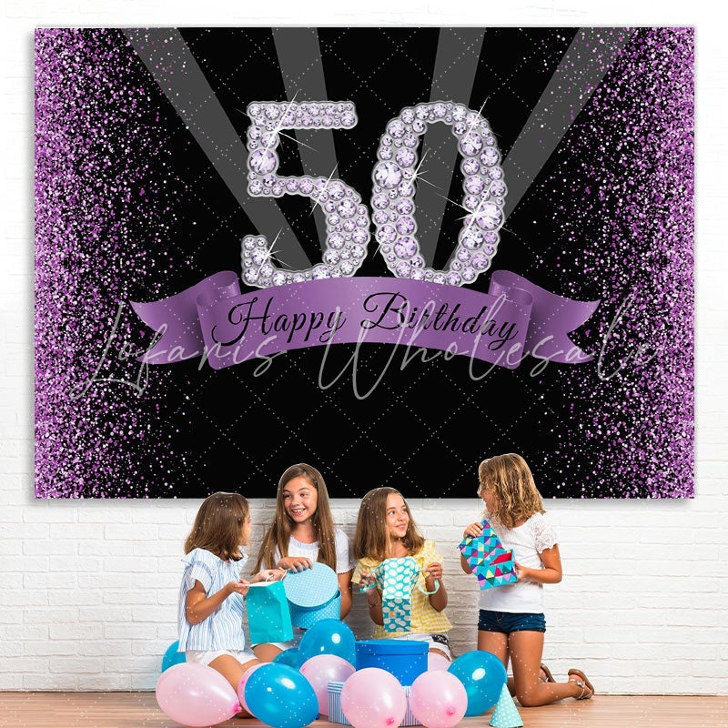 Lofaris Diamond Purple Glitter Fifty Birthday Backdtops