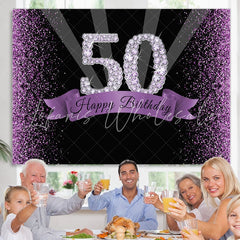 Lofaris Diamond Purple Glitter Fifty Birthday Backdtops